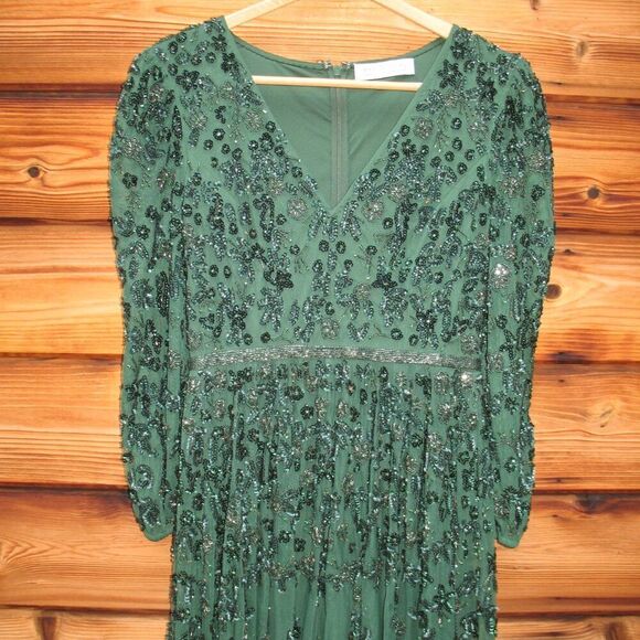 Mac Duggal 5497 Womens Green Embellished V Neck 3/4 Sleeve A Line Gown Regular - Picture 7 of 13